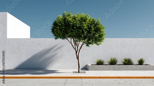 Minimalistic Green Tree Against White Wall in Urban Landscape Under Clear Blue Sky