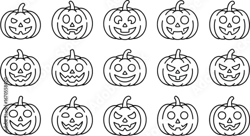 Collection of hand drawn halloween jack o lantern faces outline