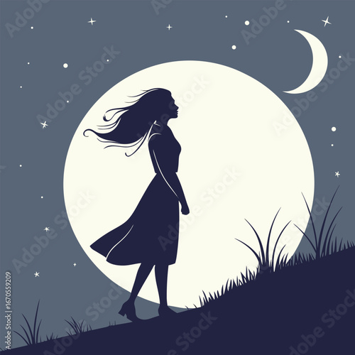 Silhouette of woman standing on hill under full moon and crescent moon at night