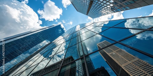 Low Angle Skyscraper Reflection, Glass Facade, Clouds, Architecture, Urban, Cityscape, Business. Skycrapers