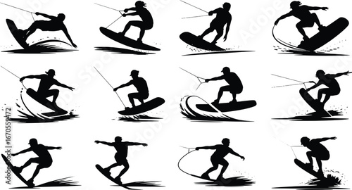 Dynamic silhouettes of wakeboarders performing tricks on water