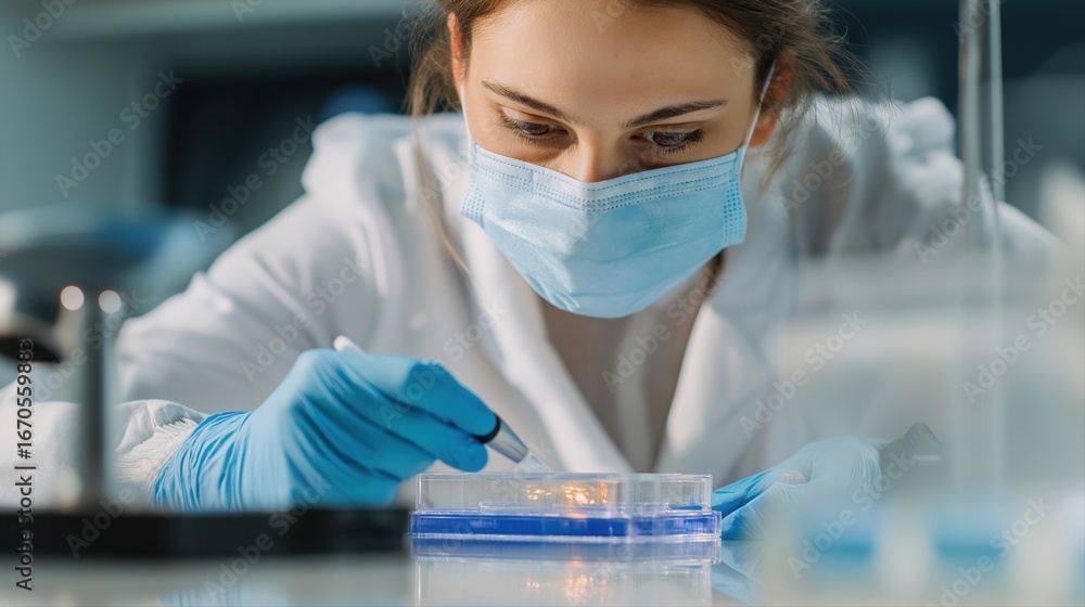 Fototapeta premium Scientist meticulously working in modern lab, conducting research with focused concentration