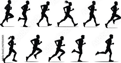 Collection of diverse runner silhouettes in motion on a white background