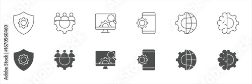 Settings and setup line and solid gray icon set. Option, installation, regulation, configuration, settings, control icon. Editable stroke. Vector illustration.