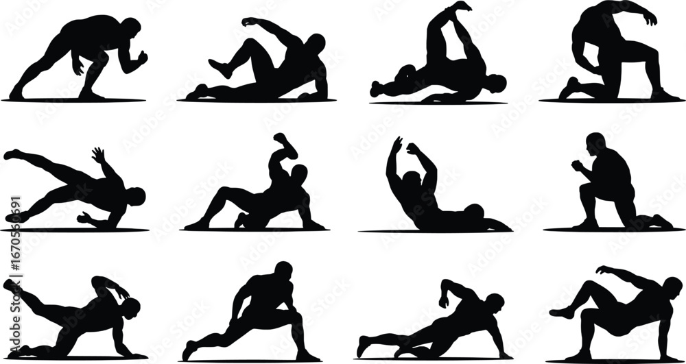 Obraz premium Dynamic silhouette poses of a person performing various yoga and fitness movements