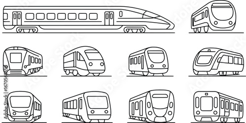 Collection of modern high speed train illustrations in line art style