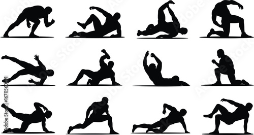Dynamic silhouette poses of a person performing various yoga and fitness movements