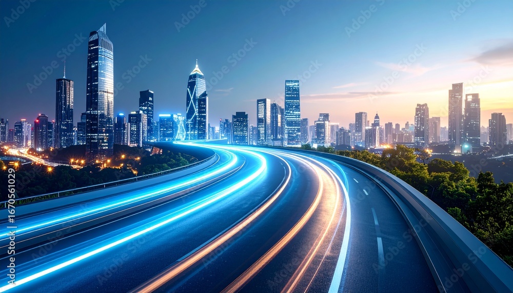 Obraz premium Cityscape at night with light trails on a highway, symbolizing speed and connectivity