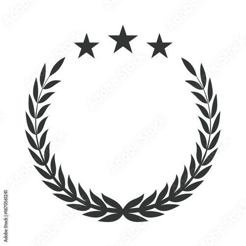 Dark grey laurel wreath with three stars on white background award achievement