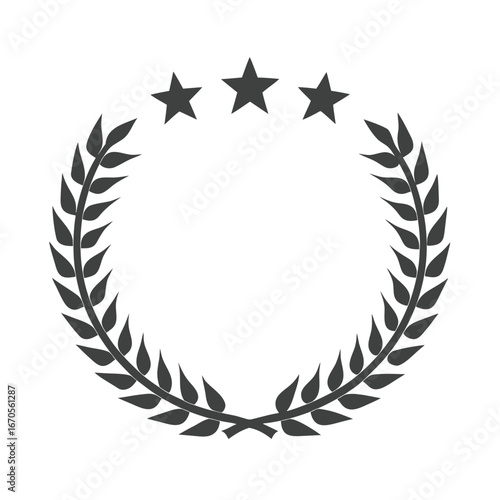 Dark grey laurel wreath with three stars on white background award badge