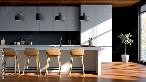 Modern Kitchen Interior with Natural Light and Sleek Furniture in a Spacious Layout