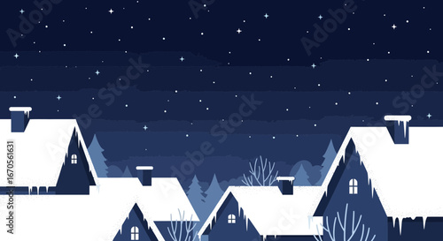 Starry Winter Night Above Snowy Village Rooftops With Forest Silhouette