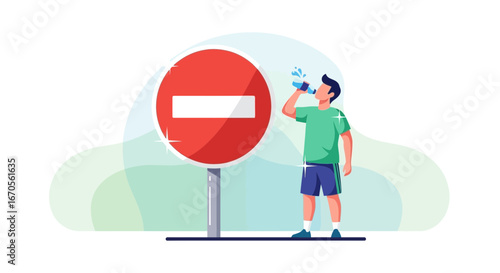 Stay Hydrated During Sport Near the No Entry Sign Vector Illustration
