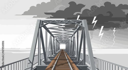 Steel Railway Bridge Crossing With Ominous Storm Clouds Approaching Rapidly