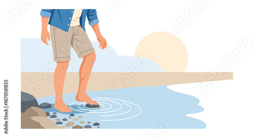 Stepping Stones At The Shoreline Man enjoying Nature Vacation On The Beach