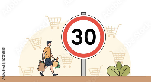 Staying Within Limits Shopper Navigating Shopping Carts and a Speed Limit Sign