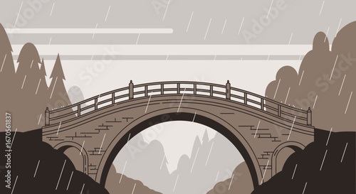 Stone Arch Bridge In a Monochrome Landscape on a Rainy Day Vector