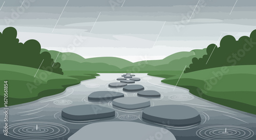 Stepping Stones Through Serene River Landscape In Rainy Weather Illustration