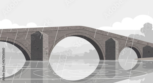 Stone Arch Bridge Reflection In Water During Rainy Weather Illustration
