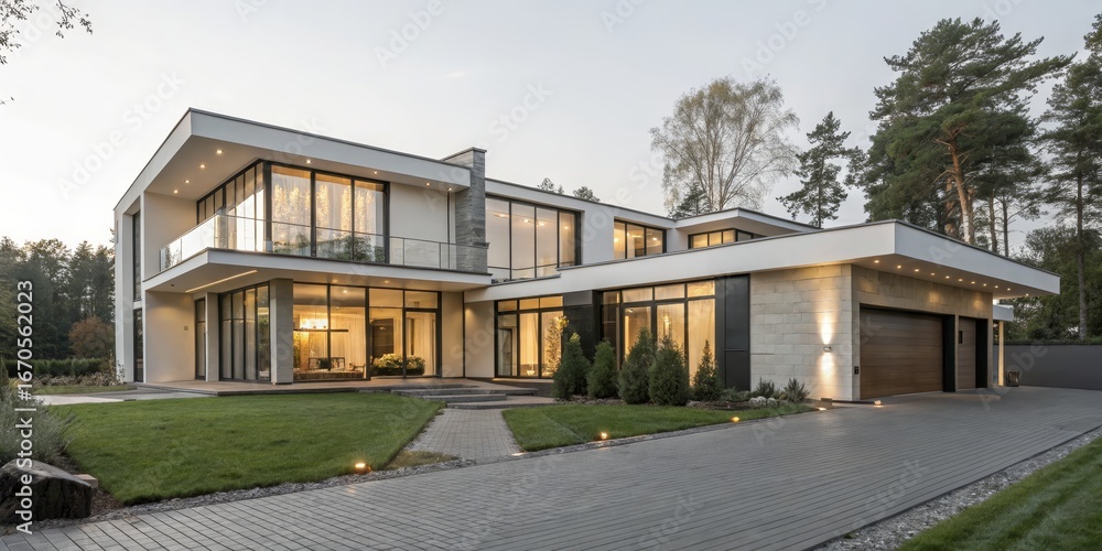 Obraz premium Modern Two-Story House Exterior Twilight Composition, Architectural Photography, Luxury Home Design, Landscaping Luxury Real Estate, Modern Architecture