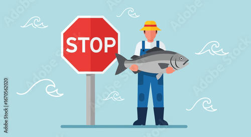 Stop Overfishing Message, With Fisherman And Stop Sign In The Ocean Water