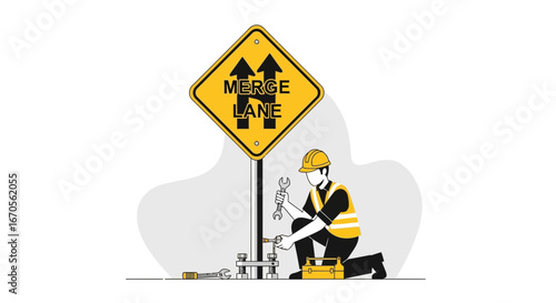 Technician Repairing Road Merge Sign On Freeway Ensuring Traffic Safety