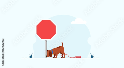 Stop Sign And Dog Sniffing Ground Illustration Flat Design Composition