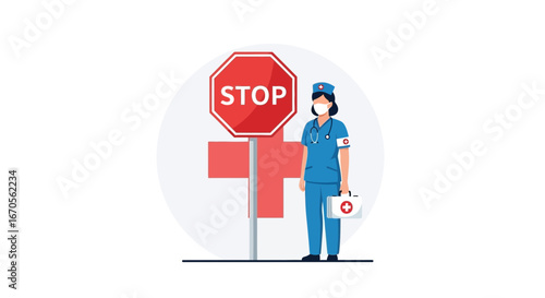Stopping Infections Nurse Stand Near Stop Sign Wearing Mask Medical Vector