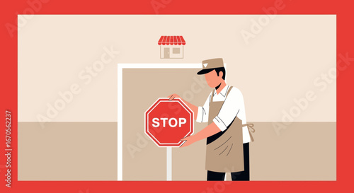 Store Employee Holds A Stop Sign At The Entrance During Temporary Closure