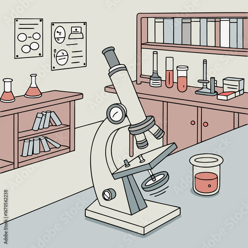 Illustration of a microscope in a laboratory setting with shelves and equipment