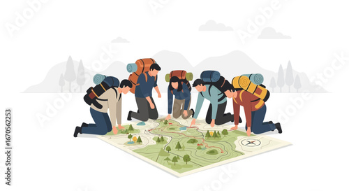 Team Of Hikers Exploring Wilderness Area On A Map Before Embarking On A Trek