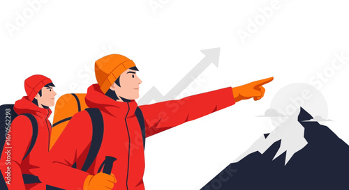 Team Ambition Climbers Pointing To The Mountain Top For Exploration Goal