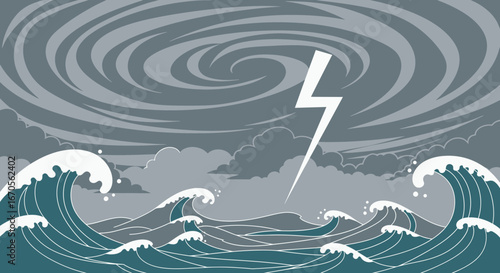 Stormy Seas Threatening With Lightning Strike And Swirling Clouds Above