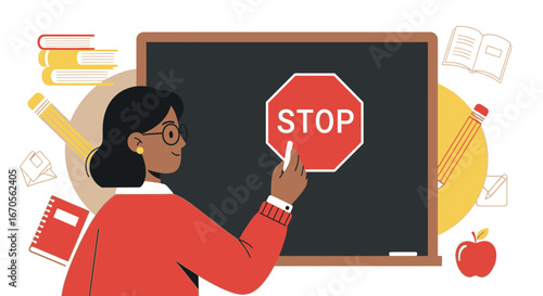 Teacher Explains A Stop Sign Lesson At The Chalkboard In The Classroom