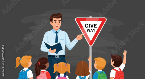 Teacher Explaining Traffic Safety to Pupils Near a Give Way Sign