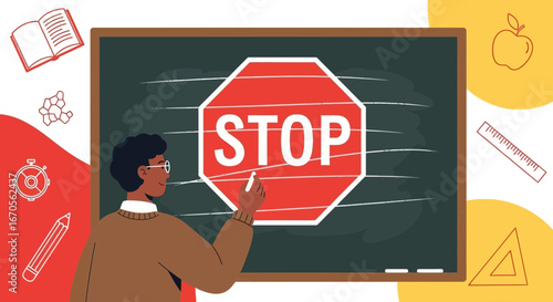 Teacher Explaining Stop Sign Illustration on Blackboard For Educational Purposes