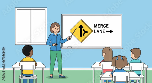 Teacher Explaining the Merge Lane Road Sign to Elementary School Students