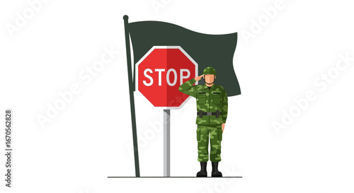 Symbolic Military Stance At A Roadblock Against Imminent Threats Illustration