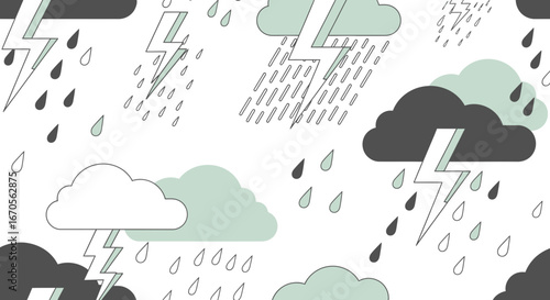 Stormy Weather Seamless Pattern With Clouds Raindrops And Lightning Bolts