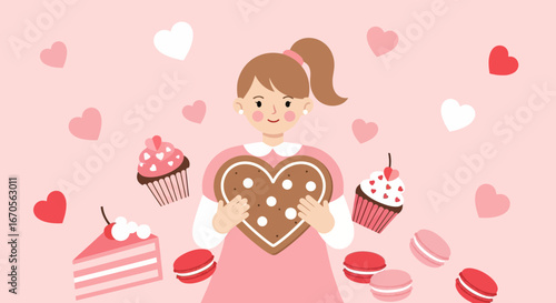 Sweet Valentine Girl Holding Cookie With Assorted Dessert Treats Floating In Pink Background