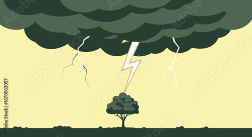 Stormy Weather With Dramatic Lightning Strikes And A Lone Tree Silhouette