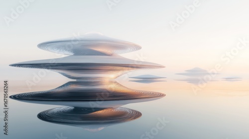 Futuristic structures reflecting on calm water at sunrise.