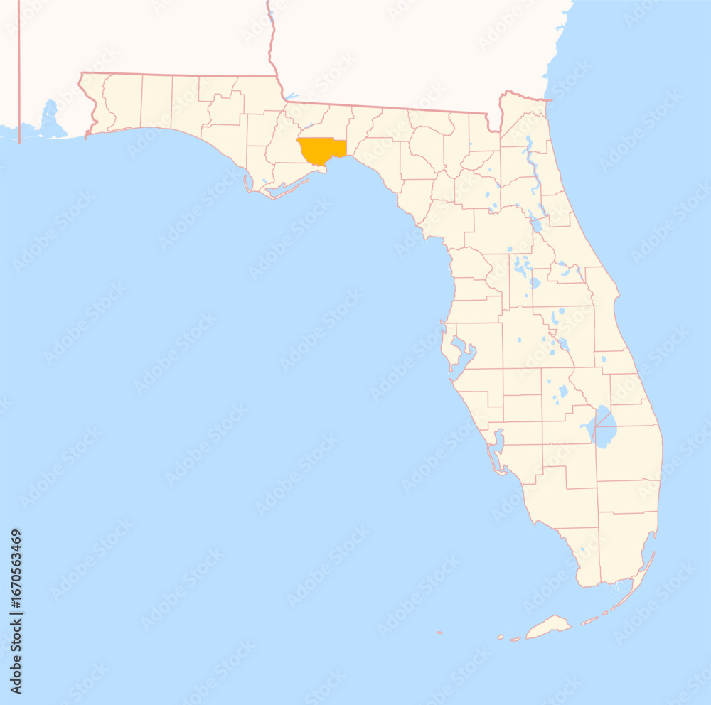 Fototapeta premium Map of the County Wakulla (Florida, US) showing the Federal State with the highlighted County