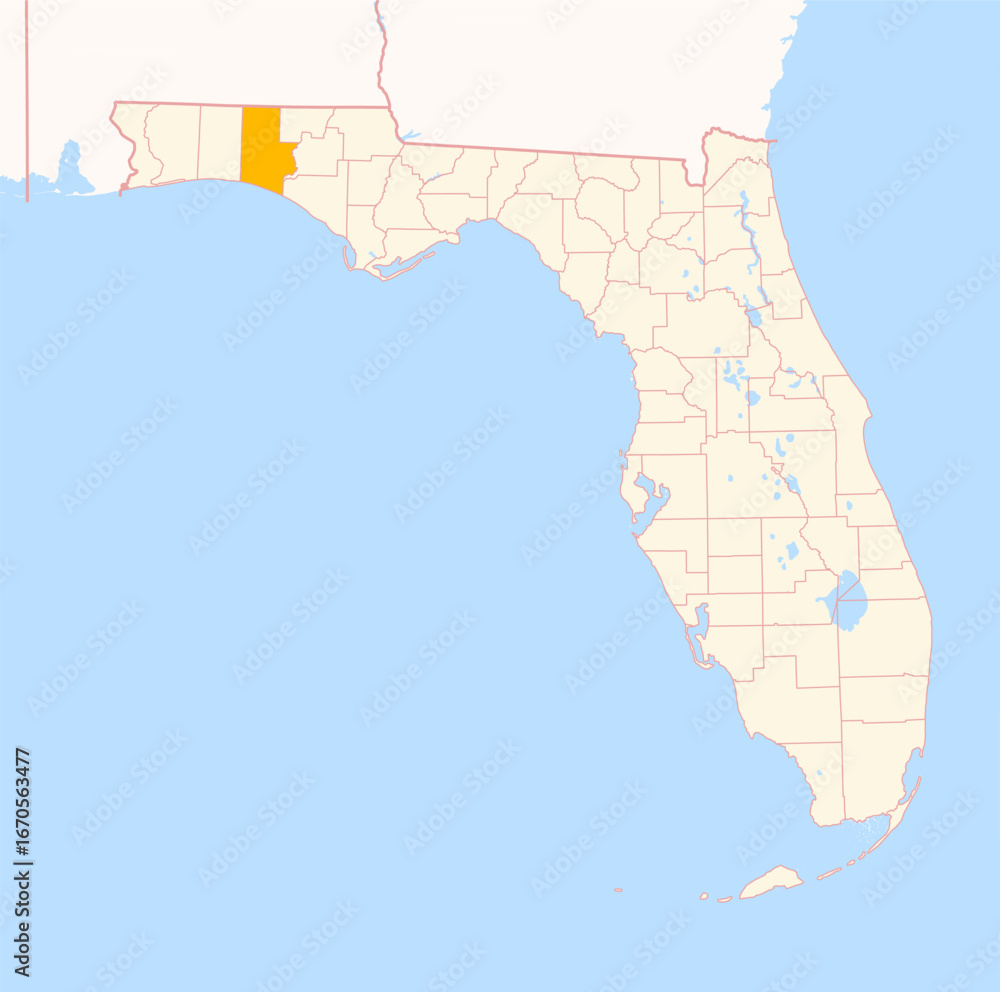 Fototapeta premium Map of the County Walton (Florida, US) showing the Federal State with the highlighted County