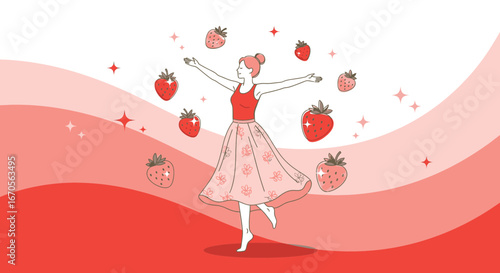 Strawberry Serenade Whimsical Lady Dancing Among Red Berries Delightful Aesthetic