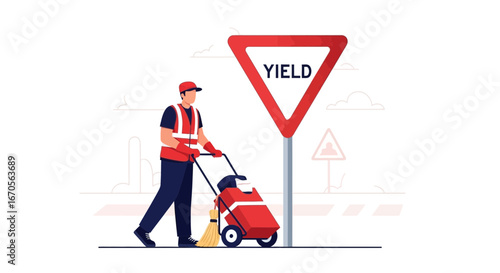 Street Cleaning Team Member Working Near A Yield Sign On A Sunny Day