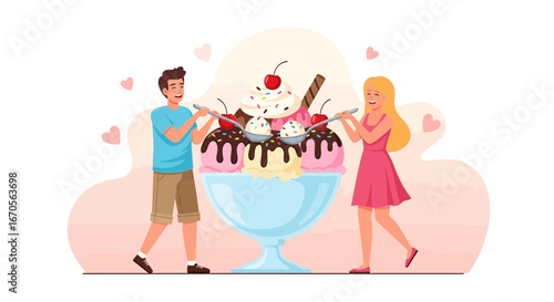 Sweet Indulgence A Couple Sharing a Giant Ice Cream Sundae Together