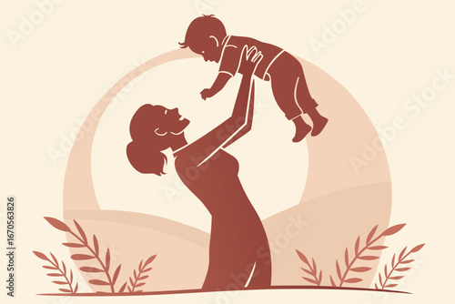 Mother lifting baby joyfully in warm sunset light family bond loving embrace