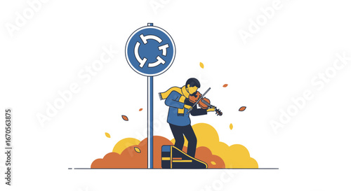Street Violinist Performs at Traffic Roundabout in Autumn Flat Illustration