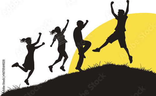 Silhouettes of happy people jumping with joy on a hill against a bright yellow background